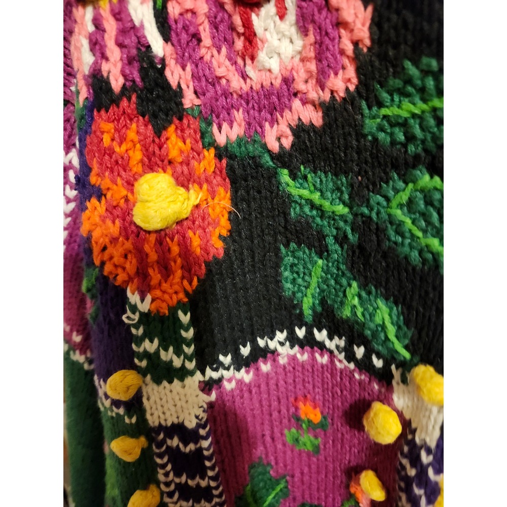 Jennifer Reed Vintage Hand Knit Floral Cardigan Pom Pom Shoulder Pads Medium - Picture 11 of 11